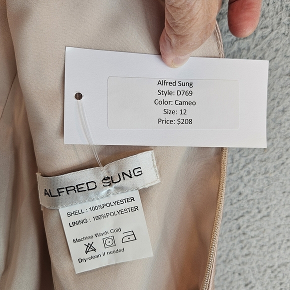 Alfred Sung Cocktail Dress Womens Sz 12 Nude Tan Beige Satin High Neck Pockets - Picture 11 of 11